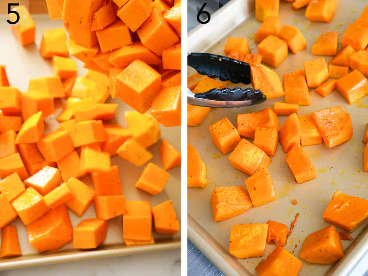 Set of two photos showing butternut squash pieces added to a sheet pan and then getting turned over with tongs.