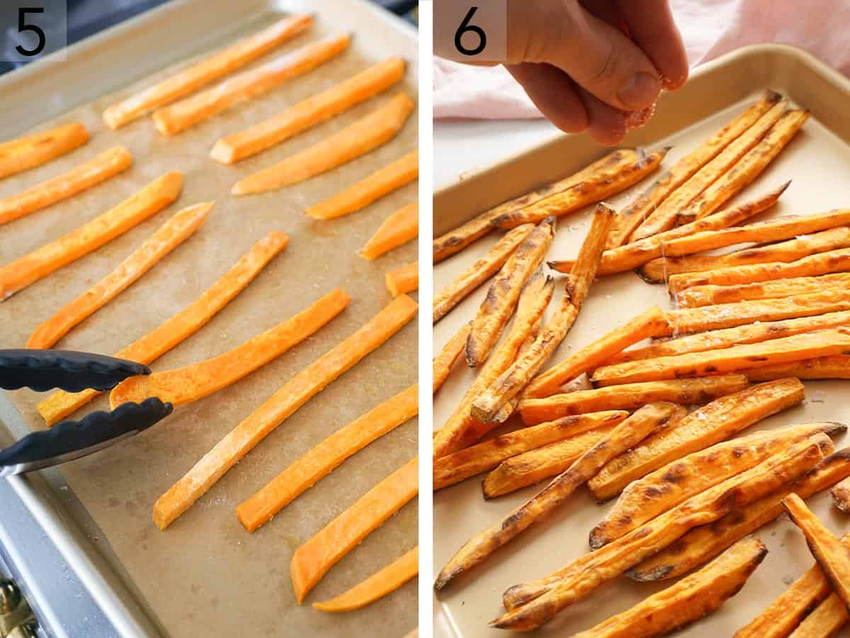Sweet potato fries being seasoned with salt just after baking.