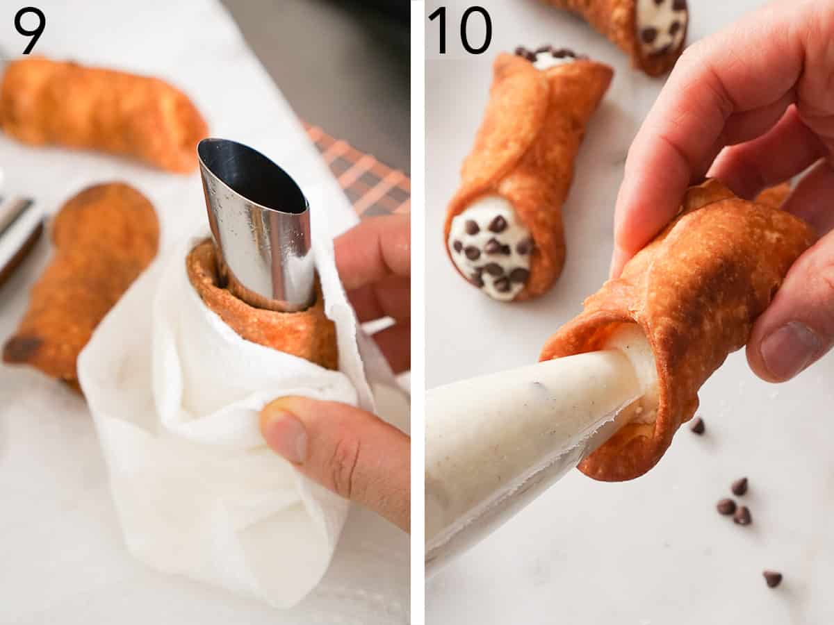 Set of two photos showing fried cannoli shells getting removed and then filled.