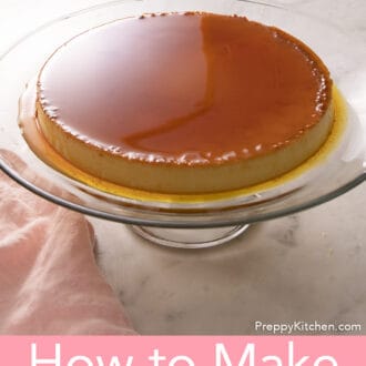 whole uncut flan on a glass cake stand