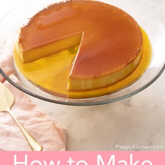 flan on a glass cake stand with a pink napkin