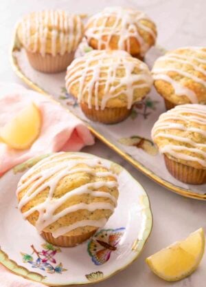 Lemon poppy seed muffins with lemon icing.