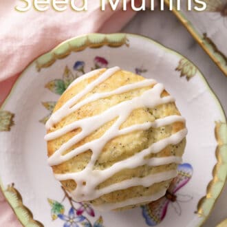 overhead image of a lemon poppy seed muffin on a floral plate