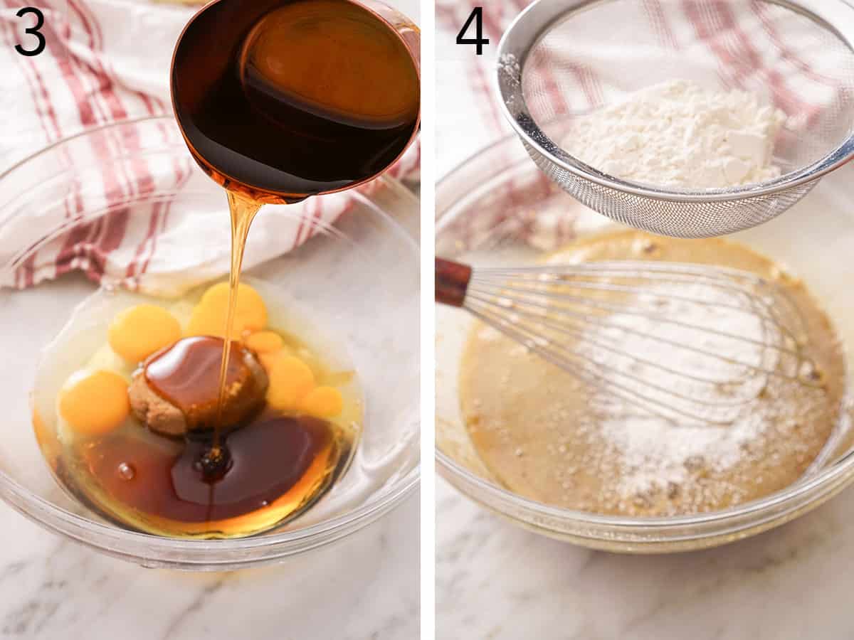 Set of two photos showing syrup added to a bowl of eggs and sugar then flour sifted in.