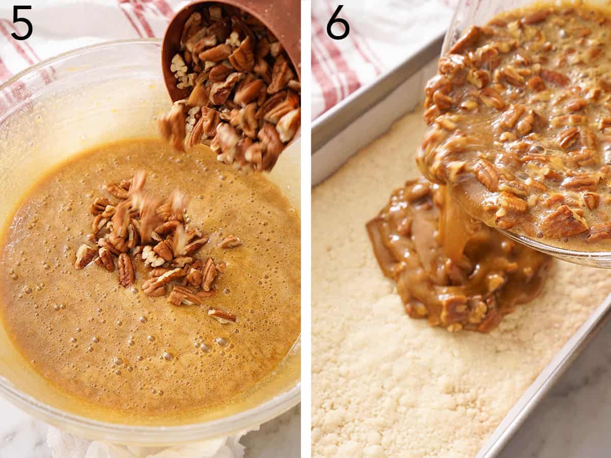 Set of two photos showing pecans added to the mixture and poured over a crust in a baking pan.