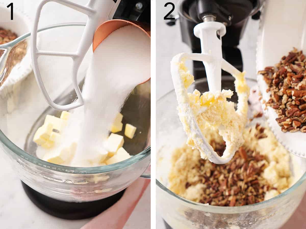 Butter and sugar getting creamed in a stand mixer before flour and pecans are added.