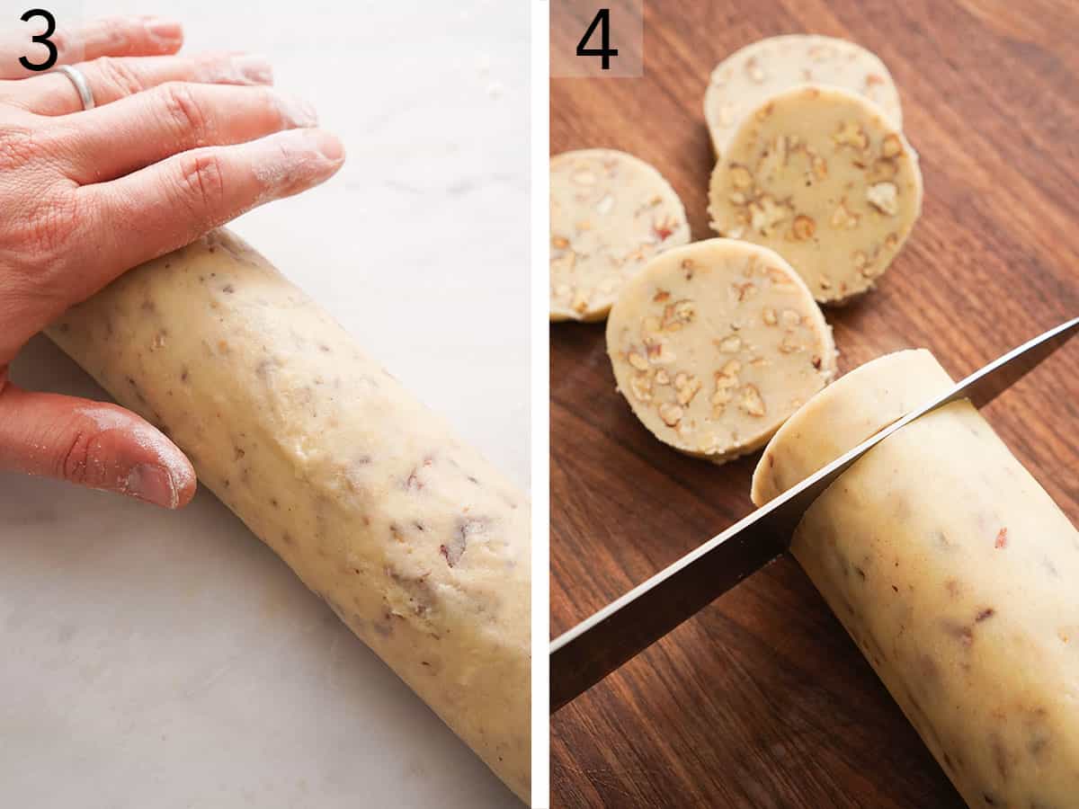 Pecan sandies dough getting rolled into a log then cut into coins after chilling.