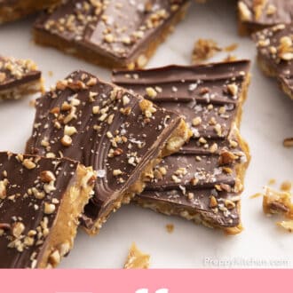 Shards of homemade toffee sprinkled with pecans and salt.