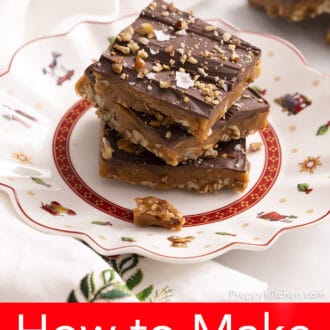 3 pieces of toffee stacked on a christmas plate