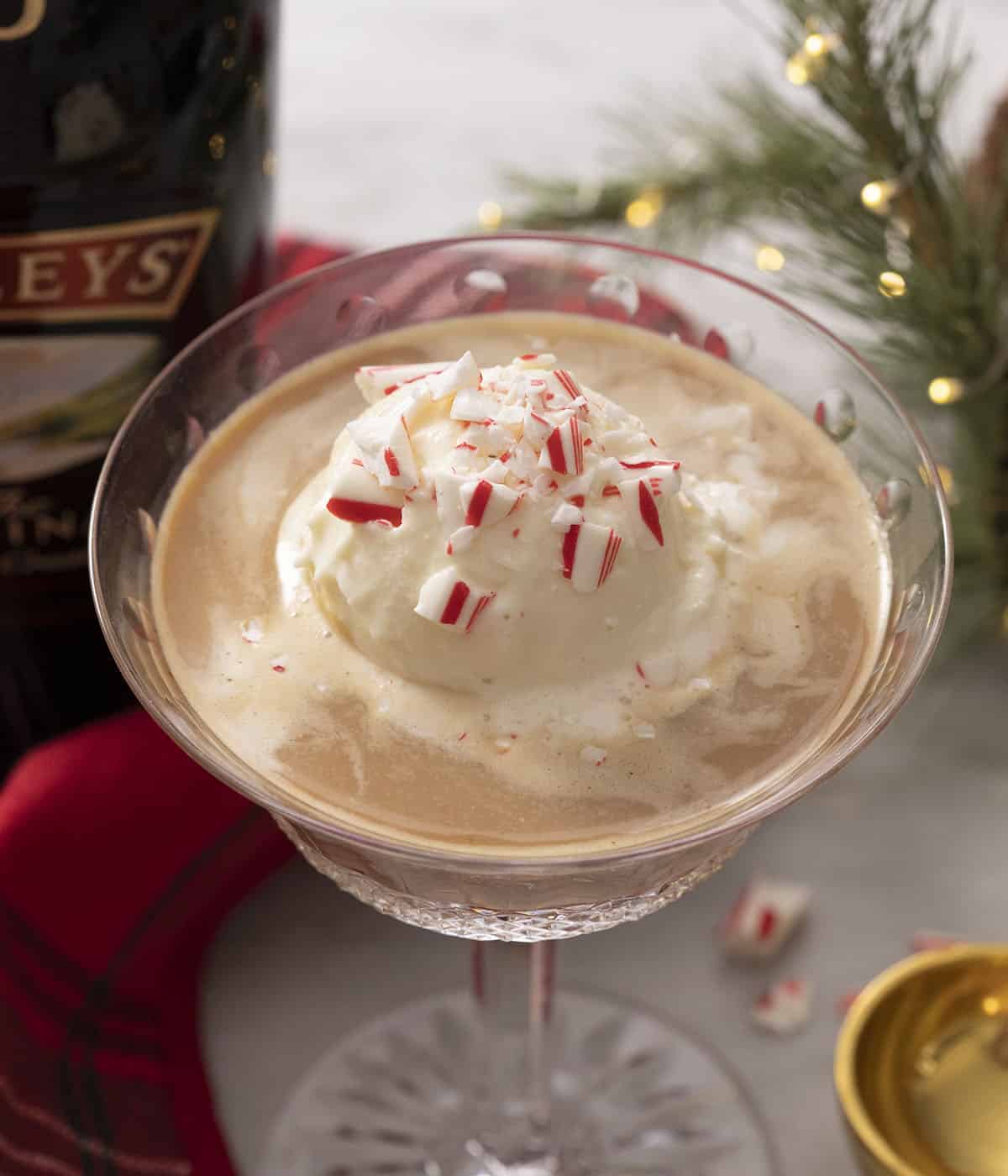 A baileys affogato in a crystal glass next to a bottle of Baileys.