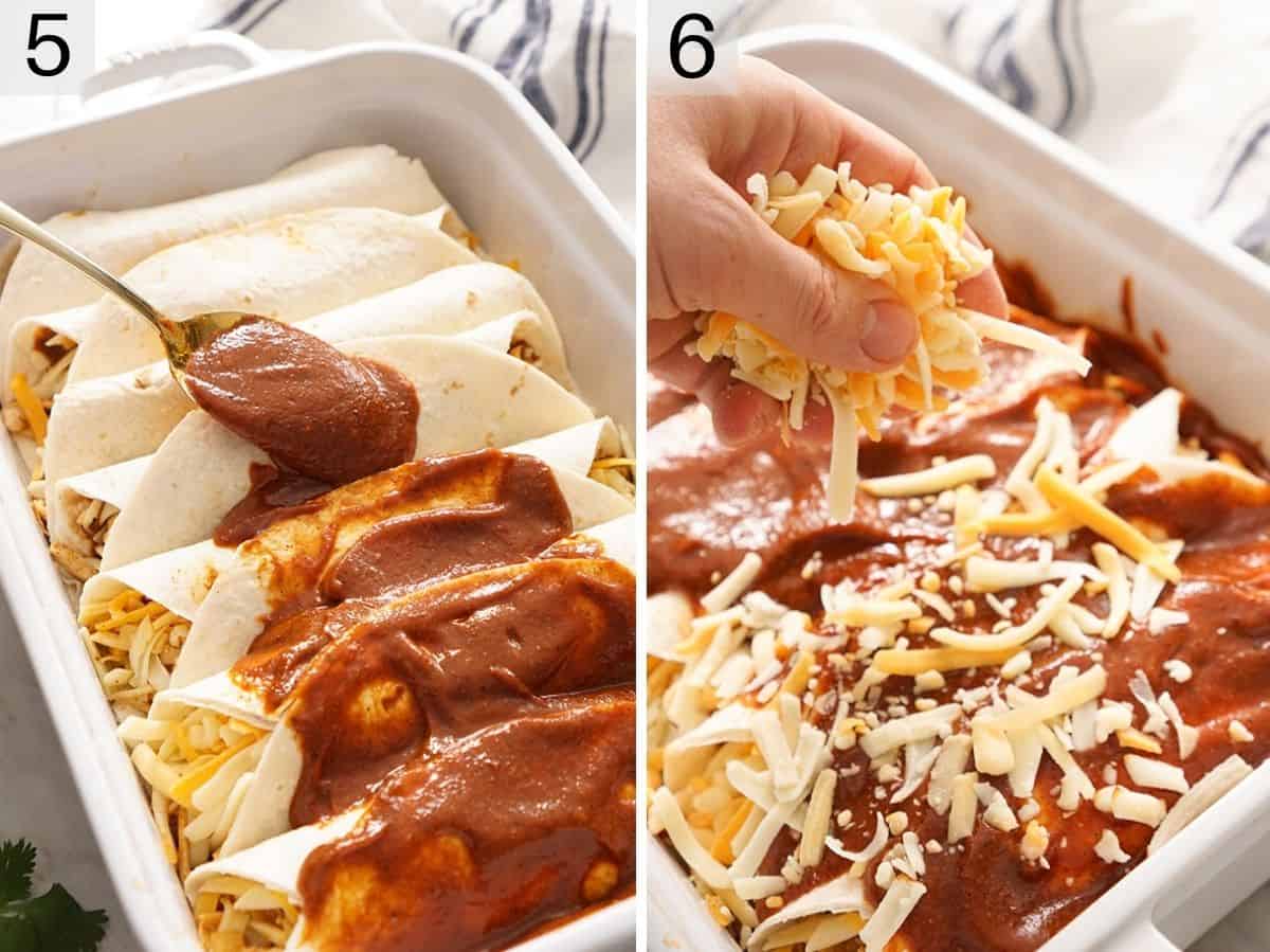 Two photos showing how to prepare chicken enchiladas for baking
