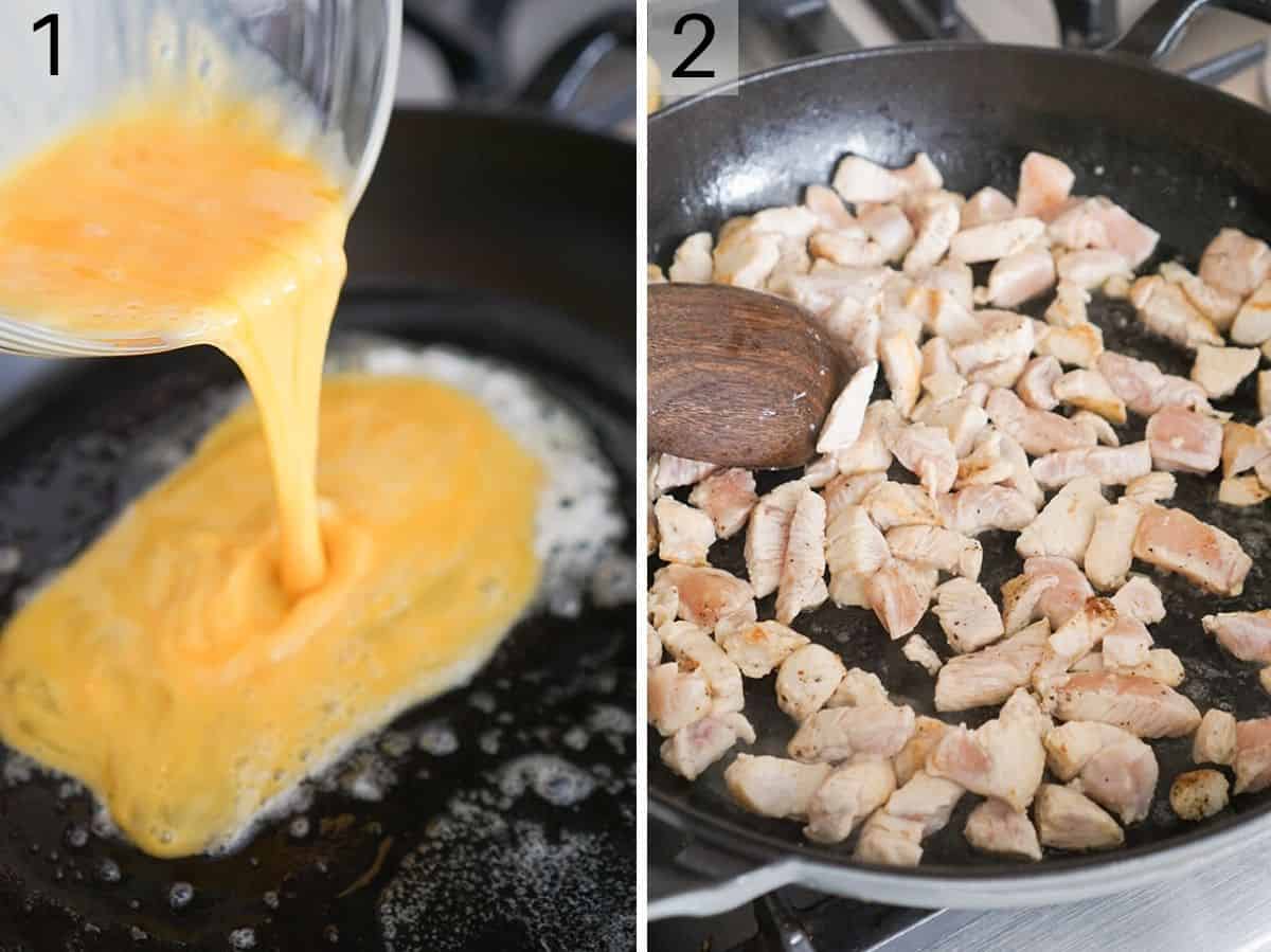 Two photos showing how to cook egg and brown chicken