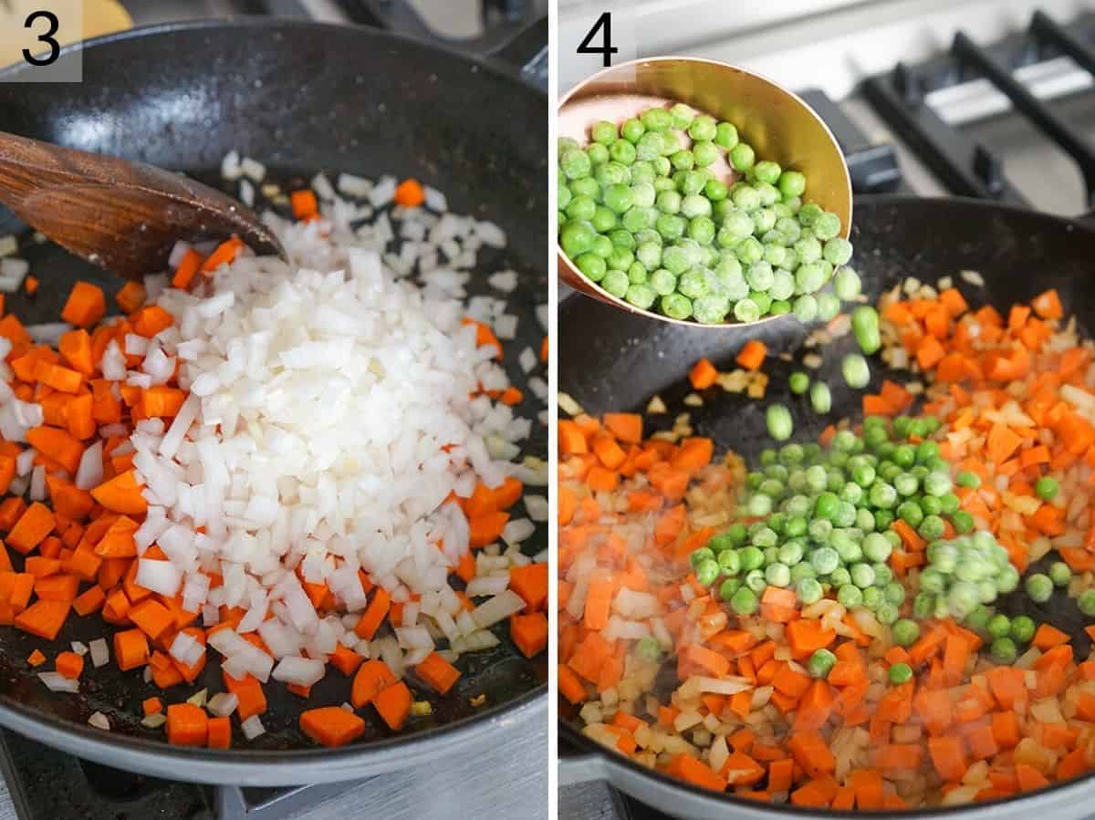 Two photos showing how to saute vegetables