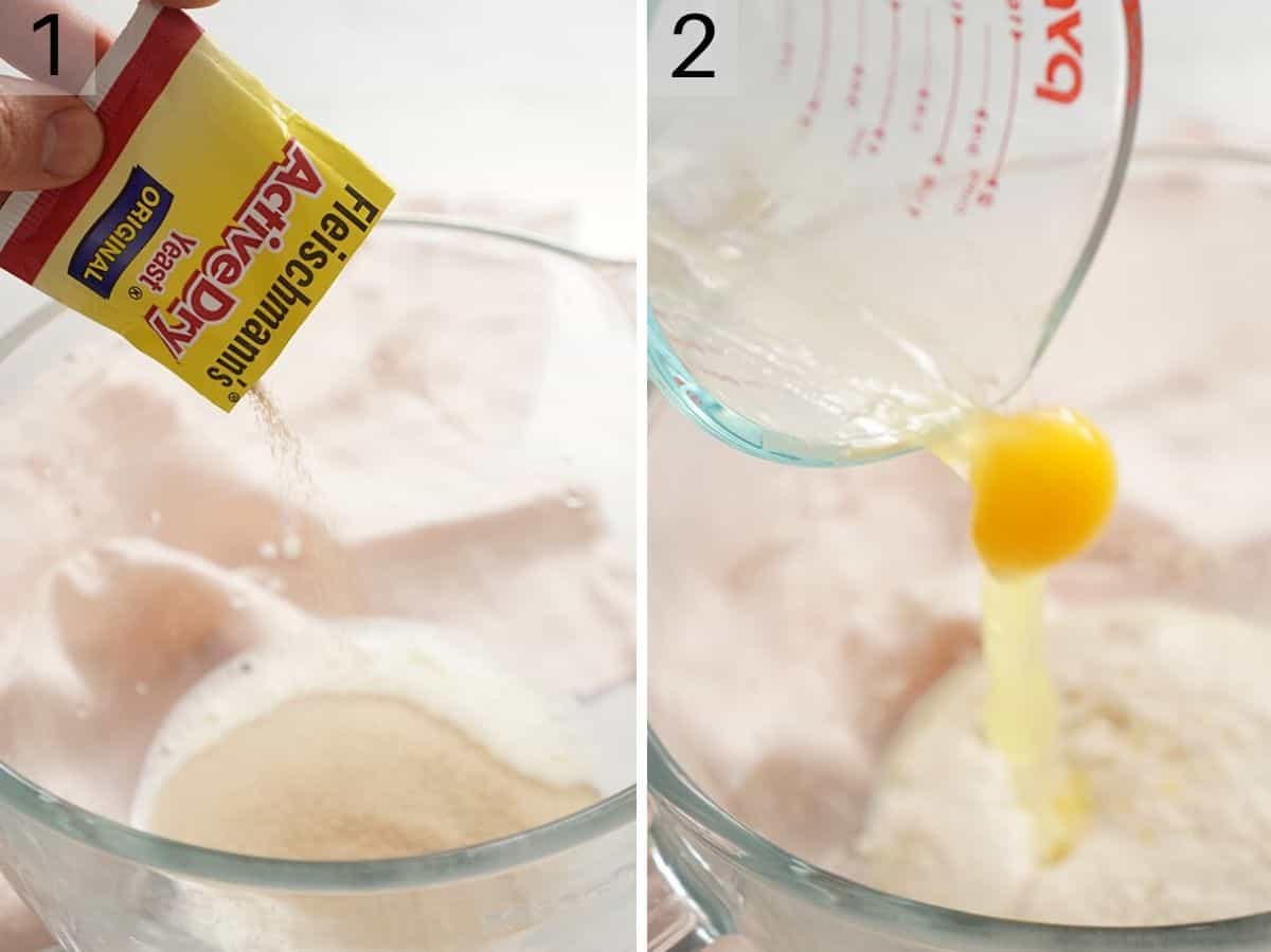 Two photos showing how to add yeast and egg to a mixing bowl