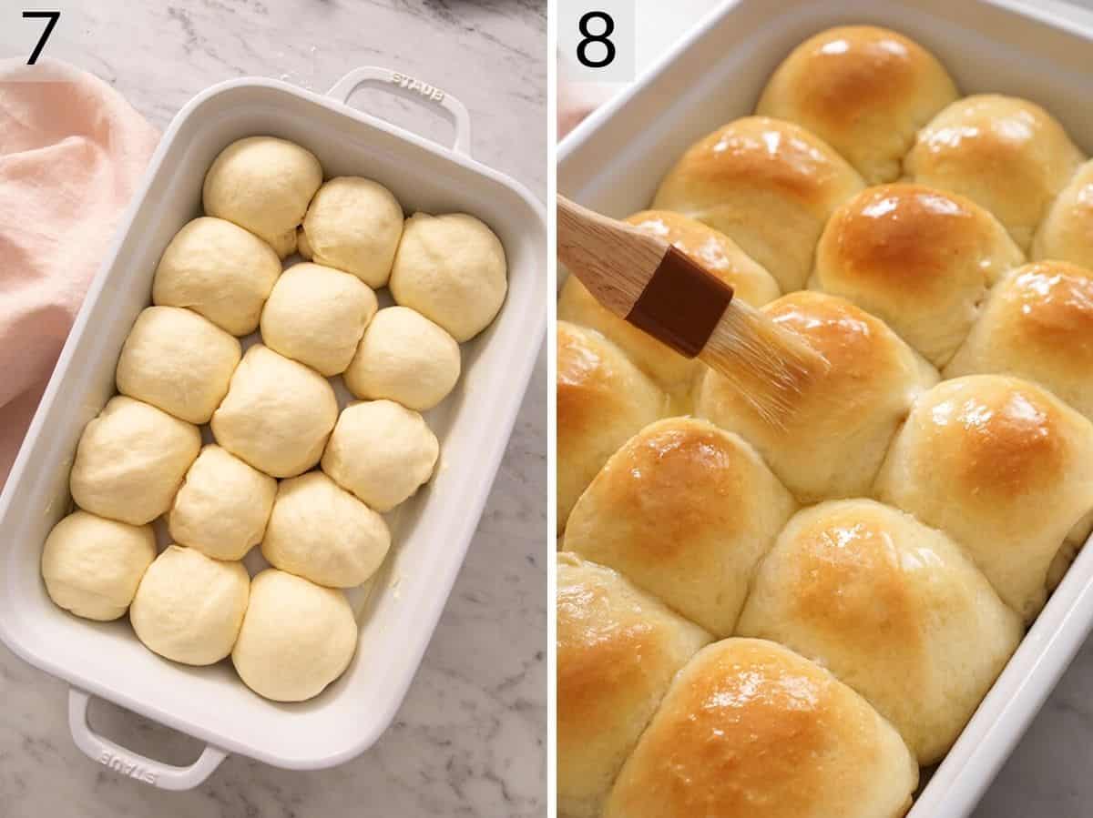 Set of two photos showing before and after baking dinner rolls