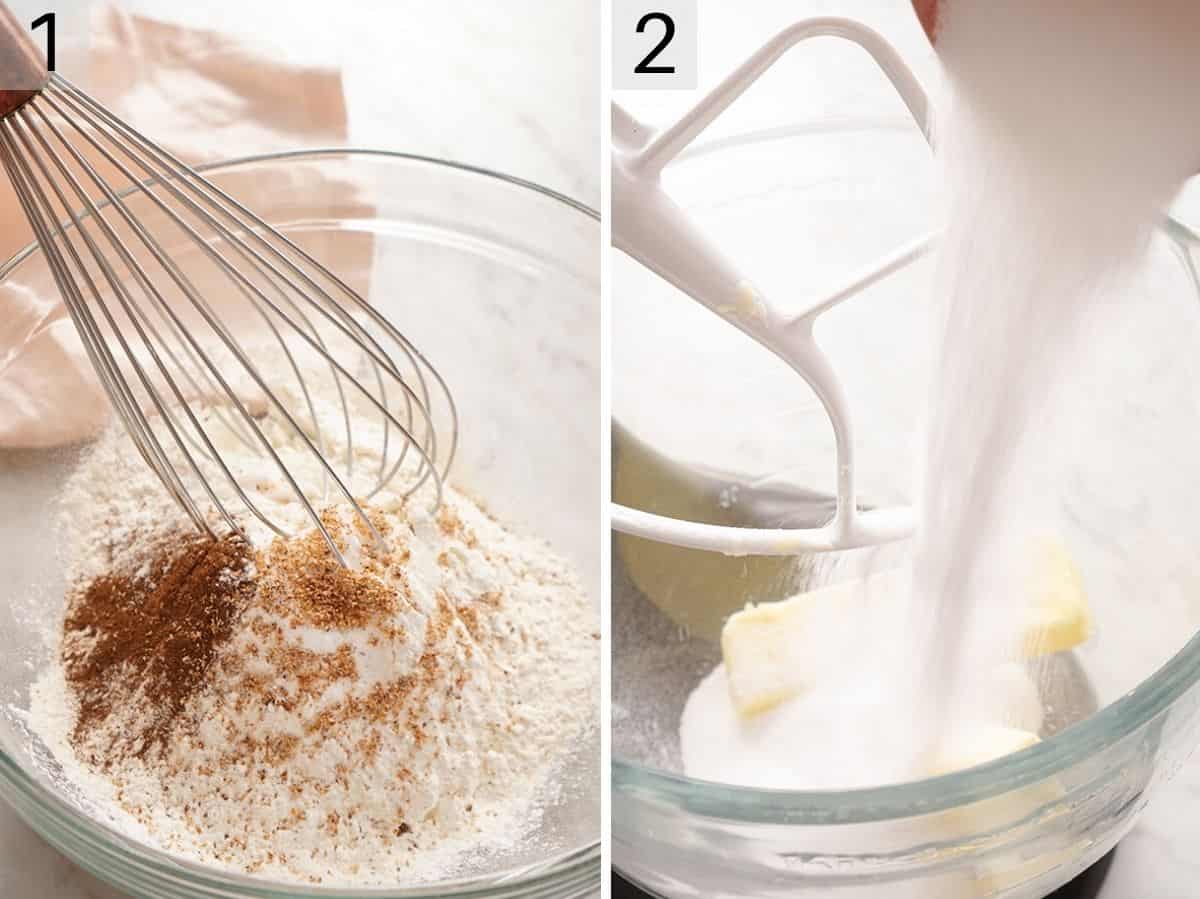 Two photos showing how to mix wet and dry ingredients together in a stand mixer