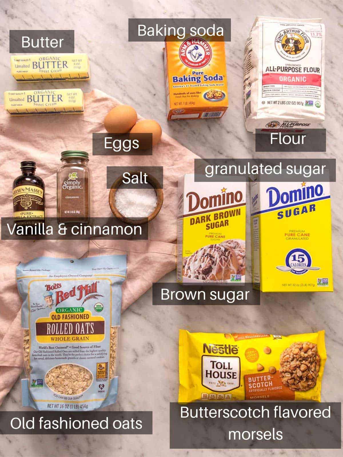 An overhead shot of all the ingredients you need to make Oatmeal Scotchies