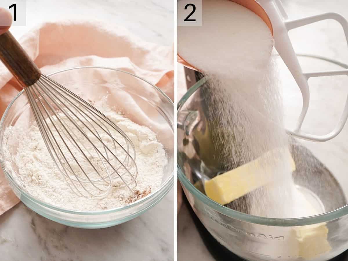 Two photos showing how to cream butter and sugar and mix dry ingredients in a bowl