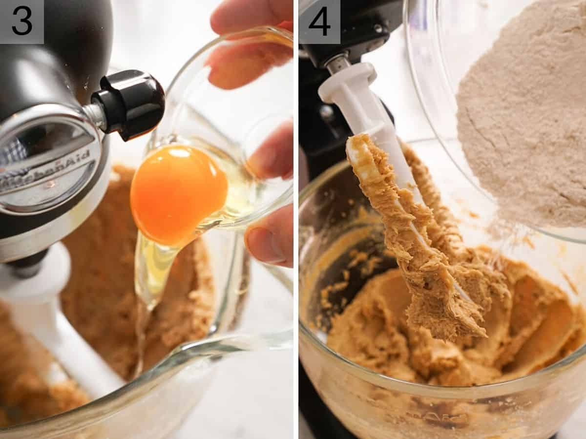 Two photos showing how to make oatmeal scotchies batter