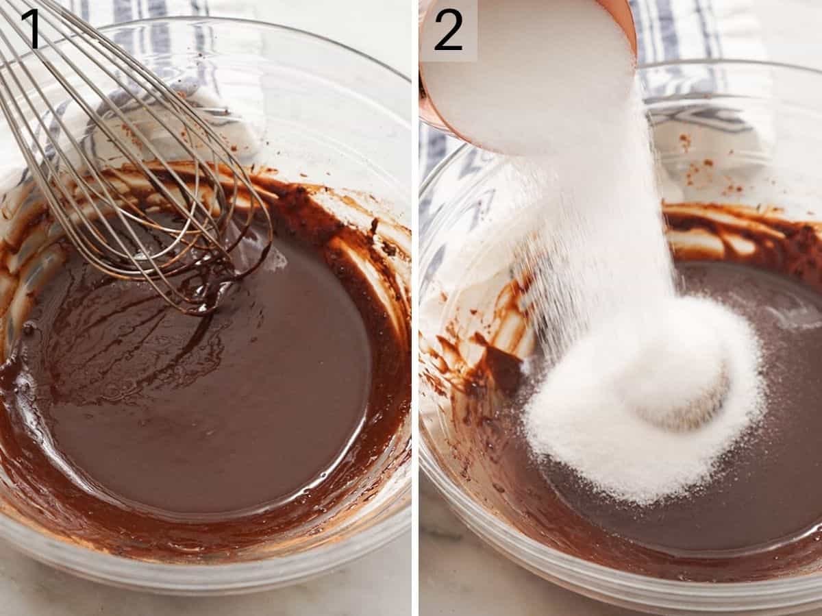 Two photos showing how to mix melted chocolate and sugar together