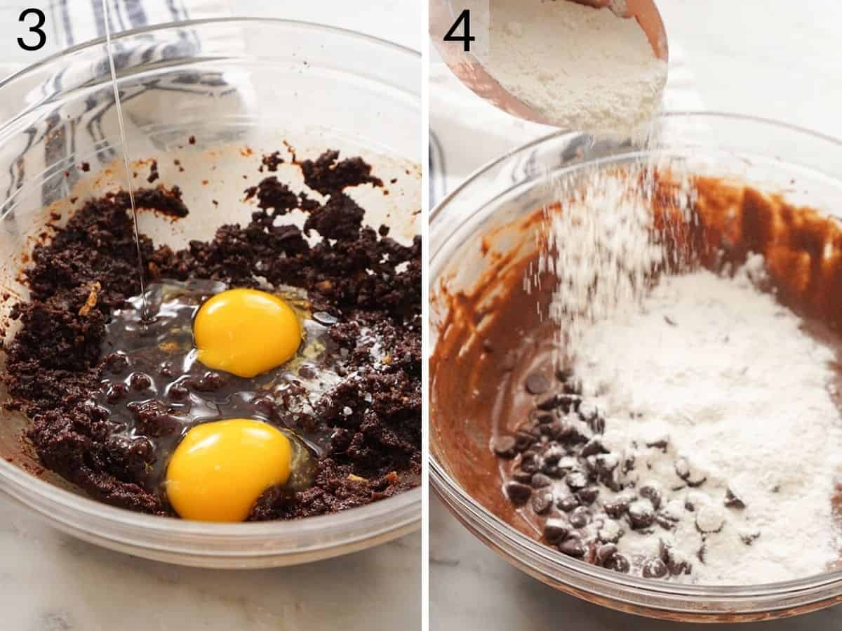 Two photos showing how to add eggs, flour and chocolate chips to a chocolate batter