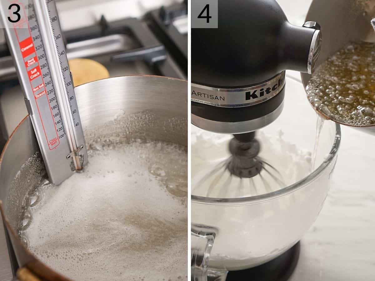 Two photos showing how to heat sugar and add it to egg whites
