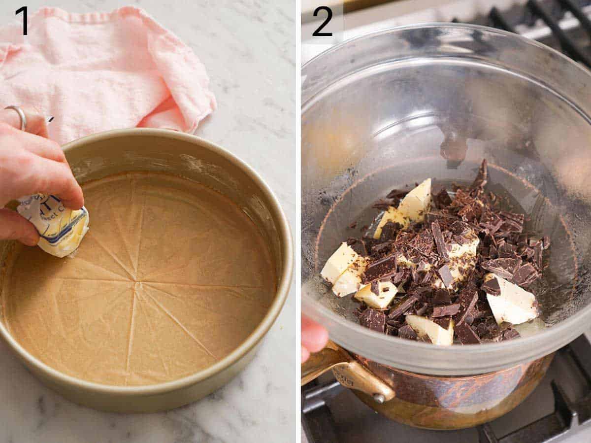 Two photos showing how to grease a cake pan and melt chocolate and butter