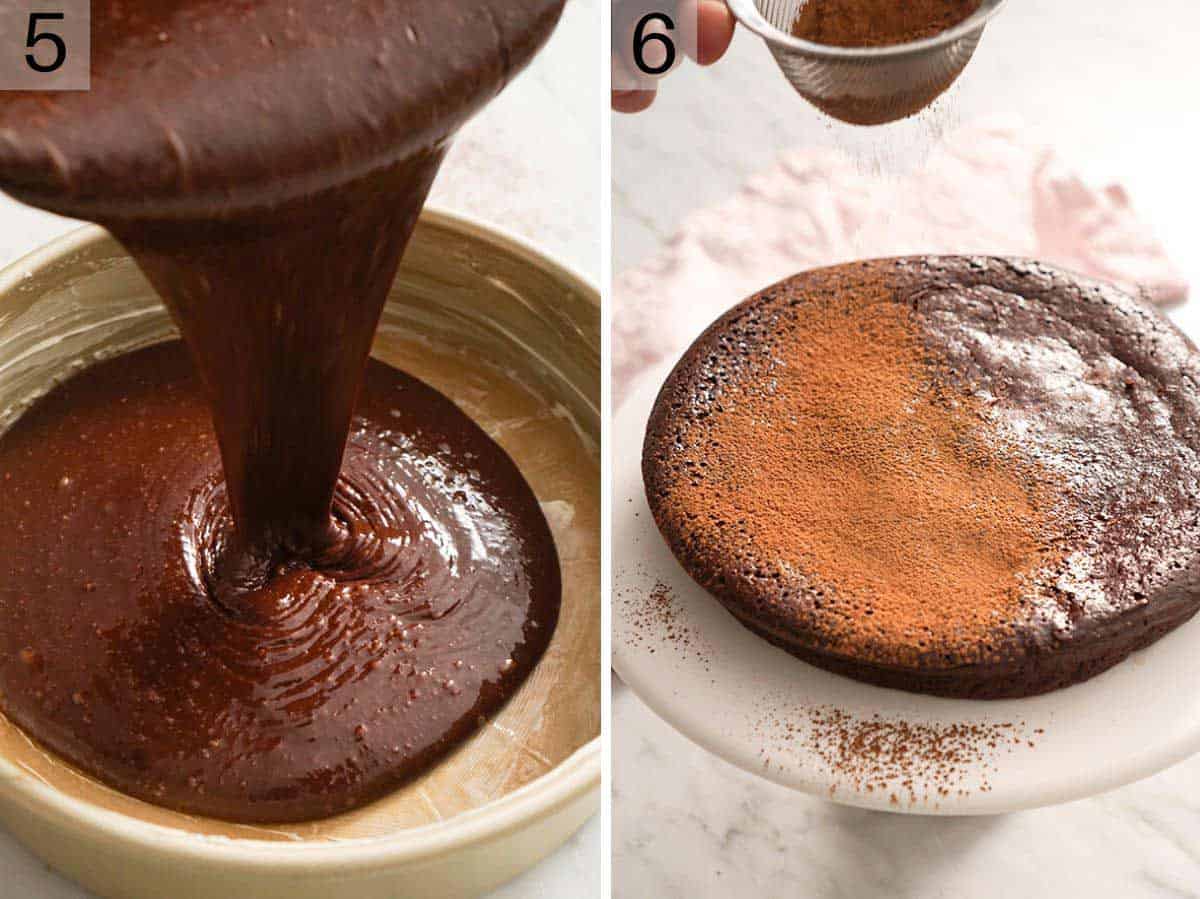 Two photos showing a flourless chocolate cake before and after baking