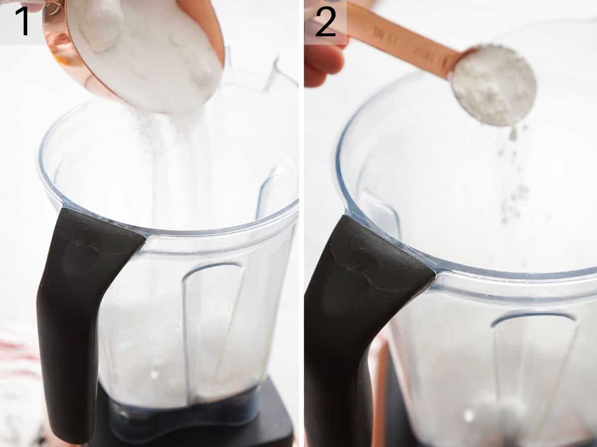 Two photos showing how to add granulated sugar and cornstarch to a blender