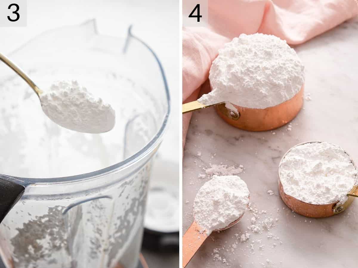 Two photos showing how to make powdered sugar