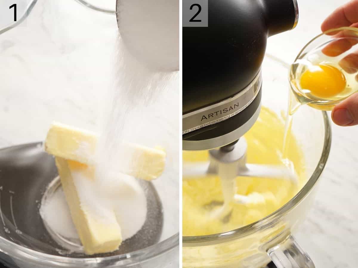 Two photos showing how to beat sugar, butter and eggs together