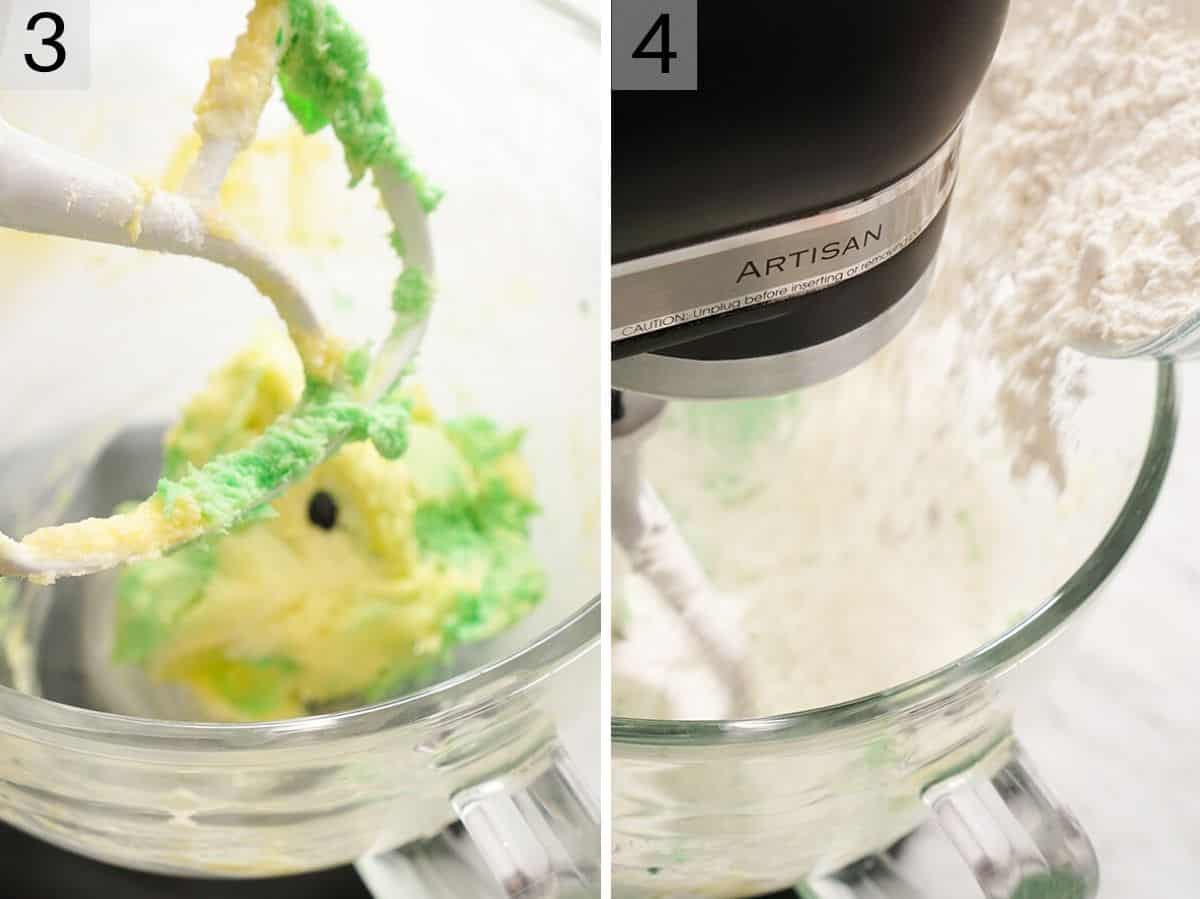 Two photos showing how to make spritz cookies dough