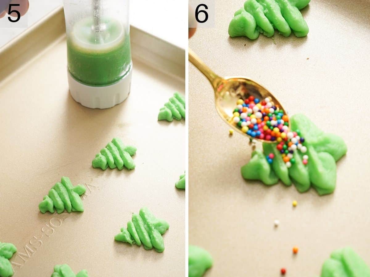 Two photos showing how to press out spritz cookies and decorate them