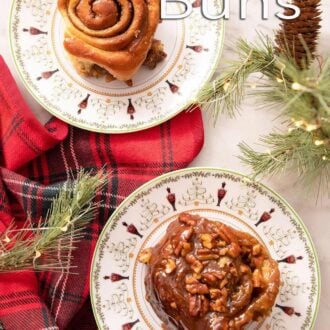 A pinterest graphic of sticky buns with pecans
