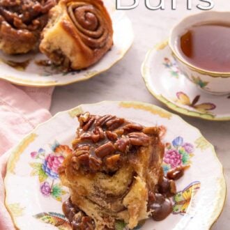 A pinterest graphic of sticky buns with pecans