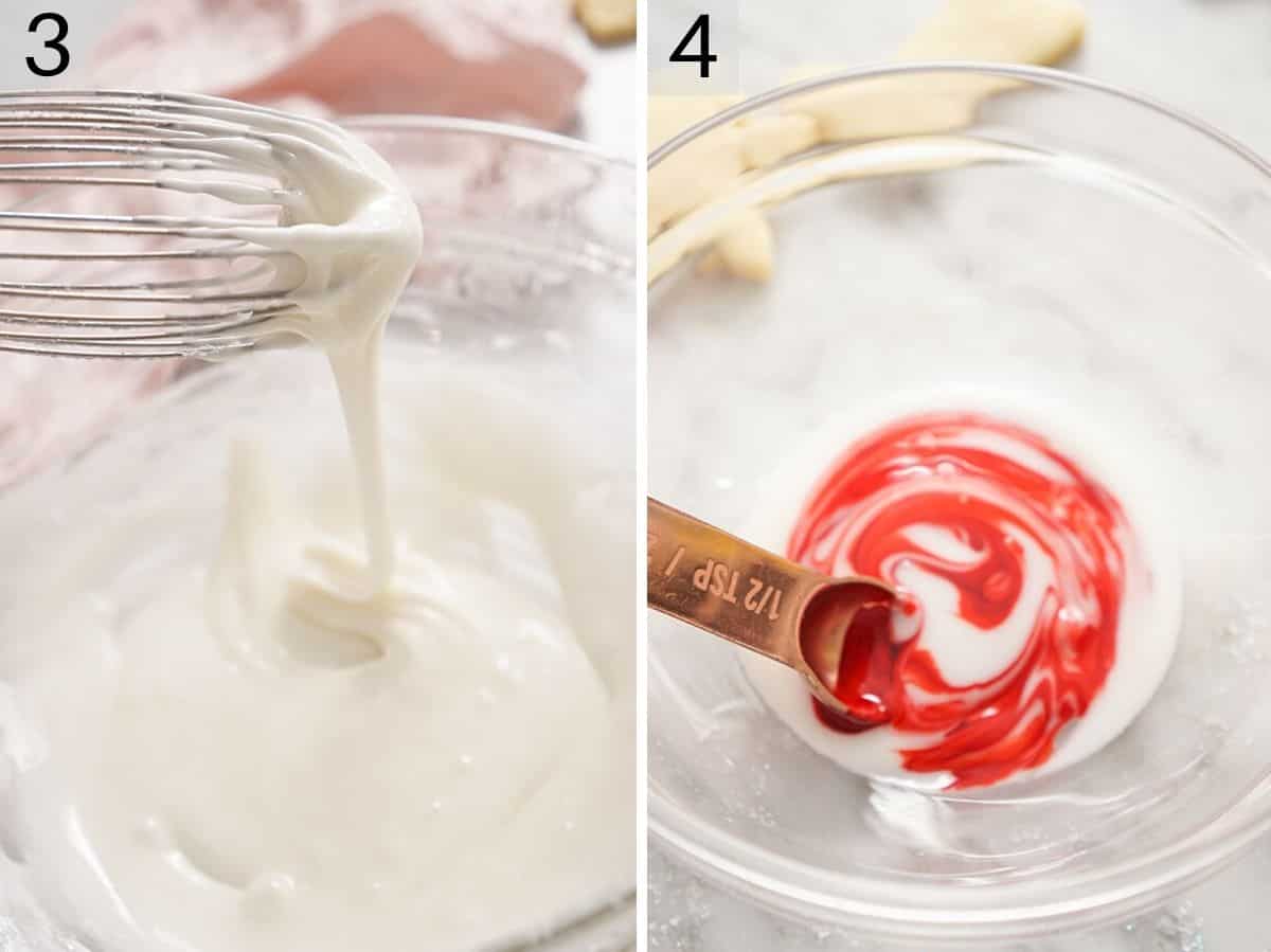 Two photos showing how to mix icing and add in food coloring