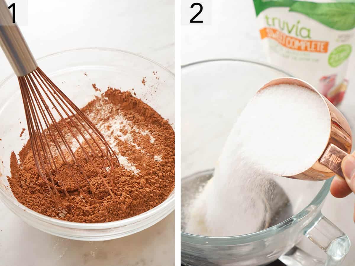 Two photos showing dry ingredients getting whisked in a bowl and Truvia pouring into a bowl with butter.