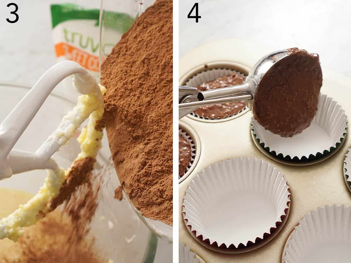 Two photos showing cocoa powder getting added to batter then scooped into cupcake papers.