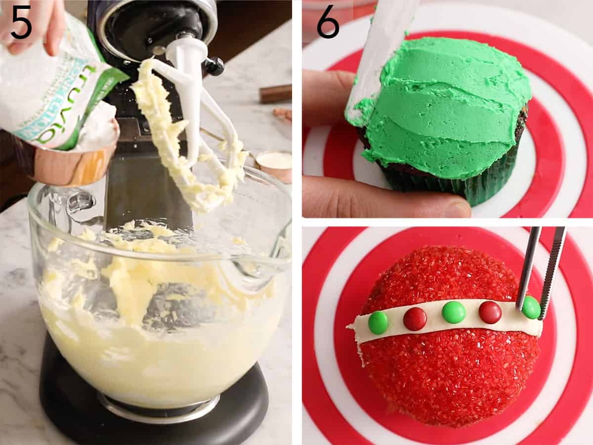 Two photos showing Buttercream getting made then used to decorate cupcakes like Christmas ornaments.