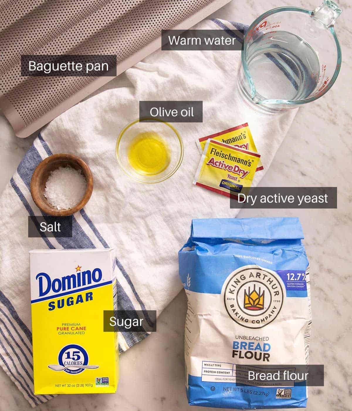 An overhead shot of all the ingredients you need to make French Bread