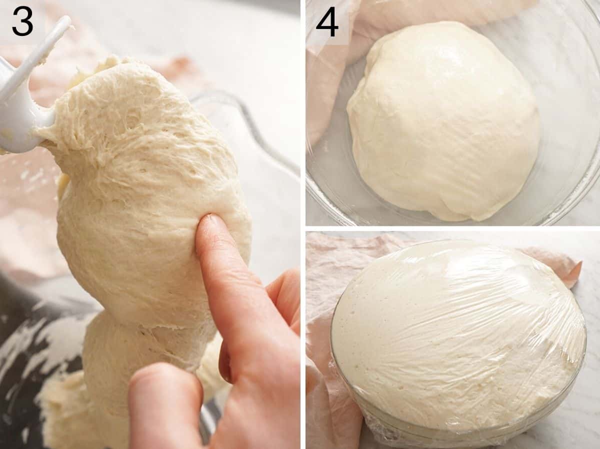 Set of three photos showing how to check the dough is ready and what texture it should be and then it rising in a bowl.