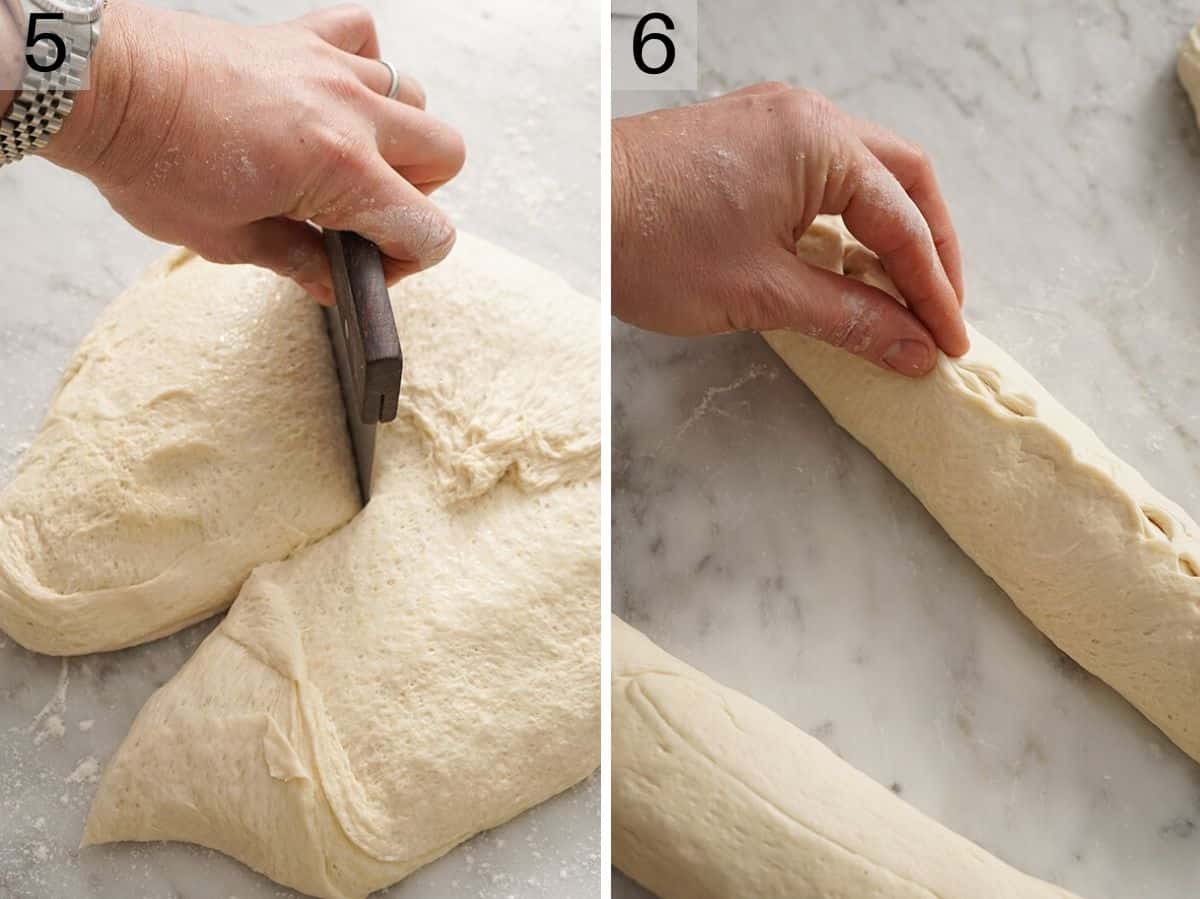 Photos showing how to shape french bread dough