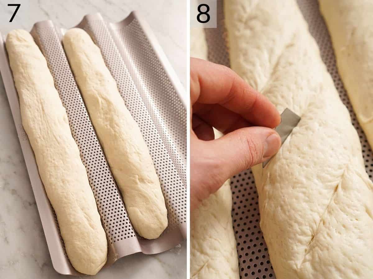 Set of two photos showing rolled dough placed on a baking sheet and the dough sliced with a bread lame.