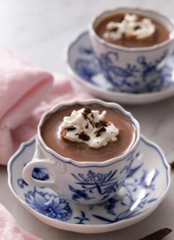 A blue china cup of hot chocolate