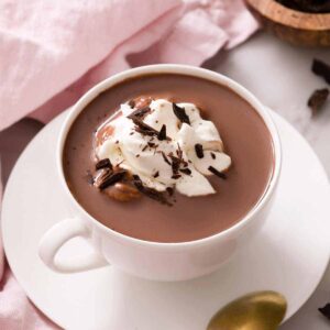 A close up hot chocolate in a white mug topped with whipped cream and chocolate.