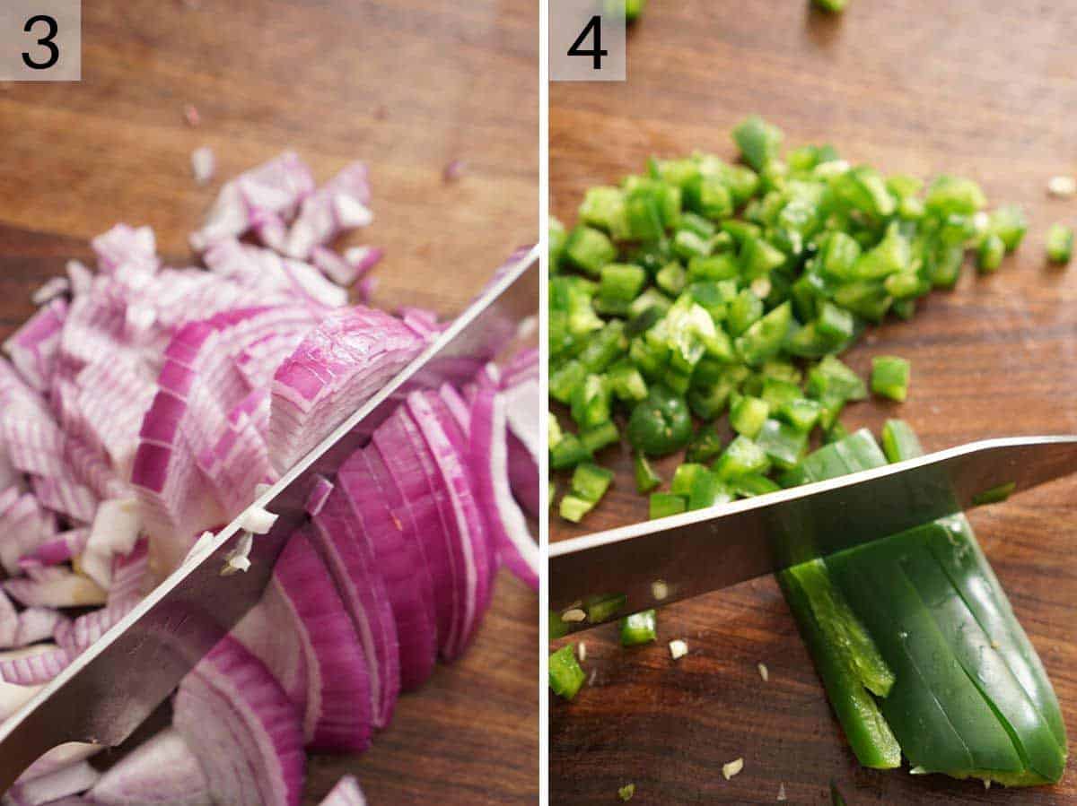 Chopped up red onion and jalapeno pepper