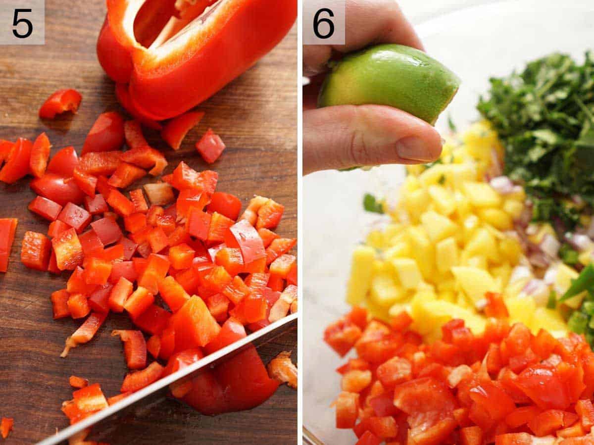 Finely chopped red pepper and a hand squeezing lime juice over mango salsa