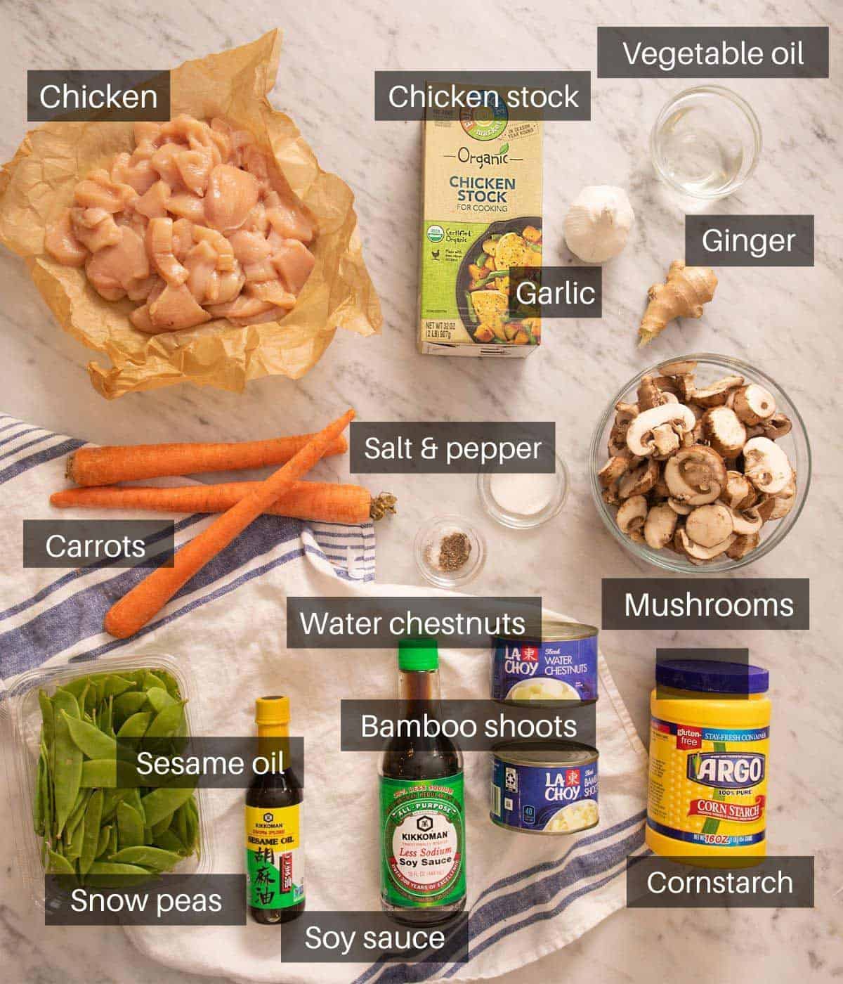 Ingredients needed to make moo goo gai pan.