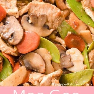 Pinterest graphic of a close up view of chicken, mushrooms, and vegetables.