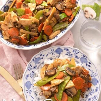 Pinterest graphic of a platter and plate of moo goo gai pan.